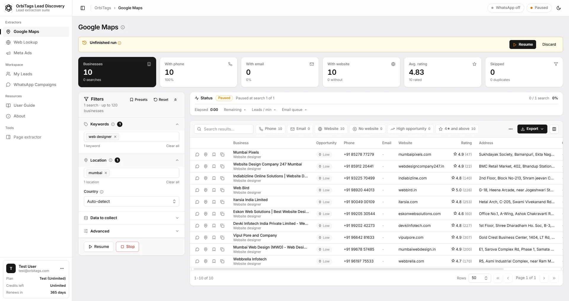 OrbiTags Google Maps extractor with phones, emails, websites and opportunity scores