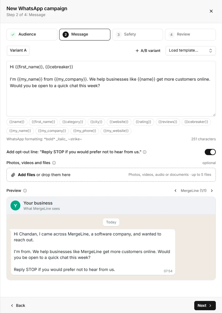 New WhatsApp campaign panel in OrbiTags
