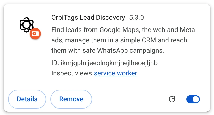 OrbiTags Lead Discovery shown in the Chrome extensions list